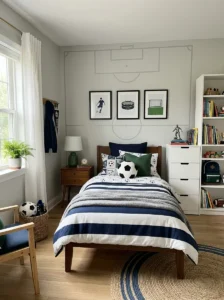 Soccer-themed accent wall in a personalized young boy’s bedroom.
