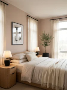 Soft blush pink bedroom walls with cream bedding and black accents