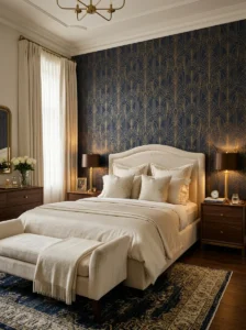 Deep navy wallpaper with metallic gold detailing in a bedroom