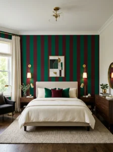 Emerald and burgundy striped wallpaper in a bold bedroom