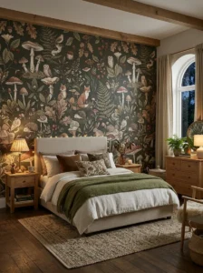 Sophisticated woodland and mushroom wallpaper in an adult bedroom