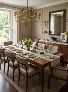 Elegant dining room featuring coordinated brass, black, and silver accents.