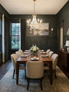 Dining room featuring monochromatic board-and-batten wainscoting.
