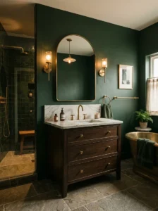 Deep emerald green bathroom with brass fixtures and light marble countertop