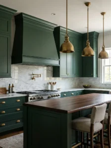 Custom deep green range hood matching the kitchen cabinetry.