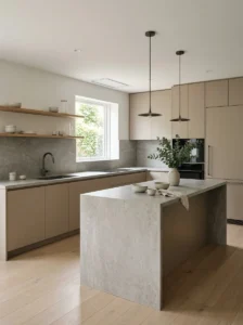 : Kitchen with soft matte honed stone countertops.