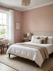 Pink bedroom with simple white linen bedding.