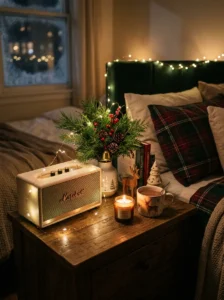 Small speaker and holiday décor creating a cozy Christmas bedroom atmosphere