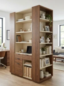 Tall storage cabinet used as a functional room divider with storage on both sides.