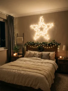 Holiday room spray displayed on a Christmas bedroom nightstand