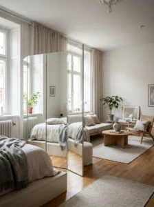 Mirrored room divider making a small studio apartment appear brighter and larger.