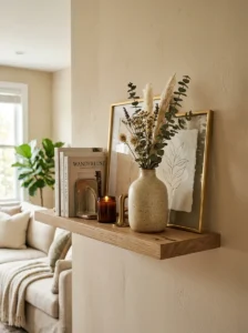 Small framed artwork leaning against the wall on a decorated floating shelf.