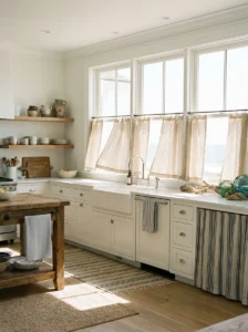 Simple linen café curtains on coastal kitchen windows