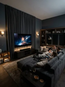 Deep oversized sectional sofa creating comfortable seating in a modern TV room.