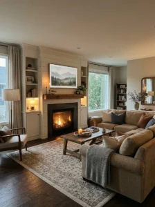 Cozy TV room with a fireplace positioned near the television.
