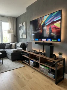 Modern media console with organized cables, electronics, and ventilation in a TV room.