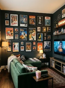 t: TV room with a curated gallery wall of framed vintage movie posters.