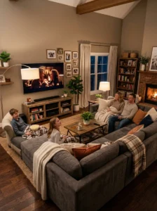 TV room with layered warm lighting and dimmable fixtures around the television.