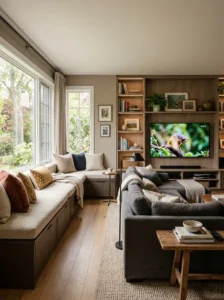 Cozy TV room with a built-in upholstered window seat and hidden storage.