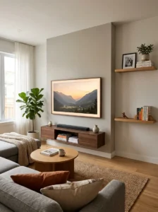 Floating shelves displaying photos, books, plants, and personal décor in a TV room.