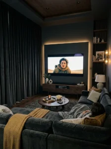 TV room with full-length blackout curtains for improved screen clarity.