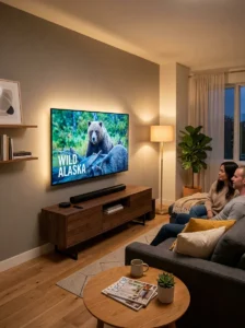 Wall-mounted television positioned at comfortable eye level in a modern TV room.