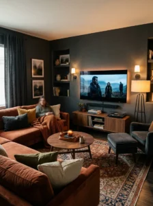 : TV room with deep charcoal walls and warm earthy colors for a cinematic atmosphere.