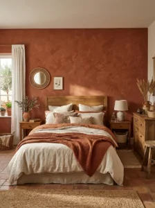 Hand-painted terracotta textured wallpaper in a warm bedroom