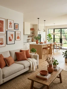 Open concept kitchen and living room connected by a terracotta accent color