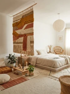 Large woven tapestry used as a soft decorative room divider in a bedroom.