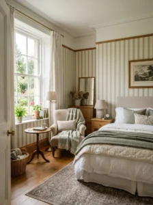 Soft vertical striped wallpaper in a timeless bedroom