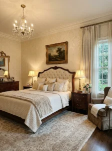 Classic cream damask wallpaper in a traditional bedroom