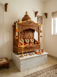 Marble and stone accents in a traditional pooja room