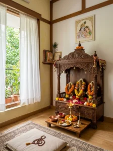 Small brass bell beside a traditional pooja room mandir