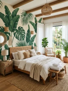 Tropical leaf wallpaper creating a resort-inspired bedroom