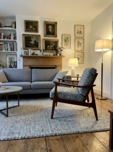 Restored vintage accent chair adding character to a modern living room.
