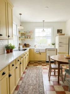 Butter yellow kitchen cabinets with black hardware and white backsplash