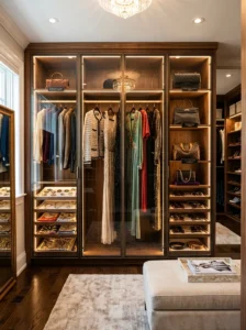 Glass-front cabinets displaying special clothing and accessories.