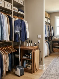 Garment steamer station in an organized walk-in closet.