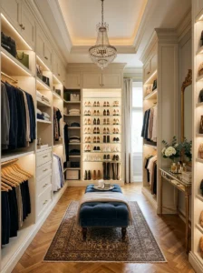 Small upholstered seating bench in an elegant walk-in closet.