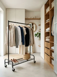 Rolling clothing rack for flexible closet storage and display.