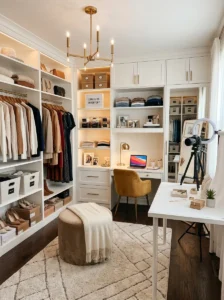 Walk-in closet balancing business organization with personal style.