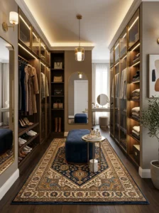 Patterned statement rug in a boutique-style walk-in closet.
