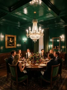 Dining room with a glossy deep-green statement ceiling.