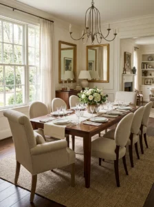 Neutral upholstered dining chairs around a walnut dining table.