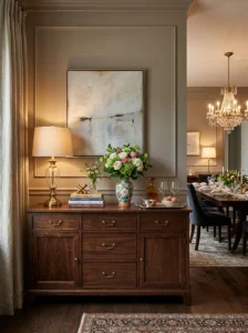 : Walnut sideboard styled with décor and serving accessories in a dining room.