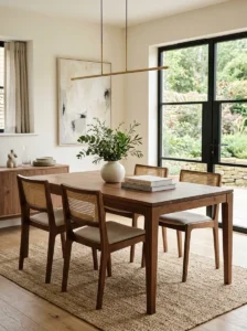 Minimal walnut dining table with greenery and books.