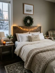 Small speaker and holiday décor creating a cozy Christmas bedroom atmosphere