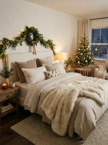 Star-shaped Christmas string lights above a bedroom bed