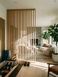 Modern vertical wood slat screen dividing a living room and home gym.